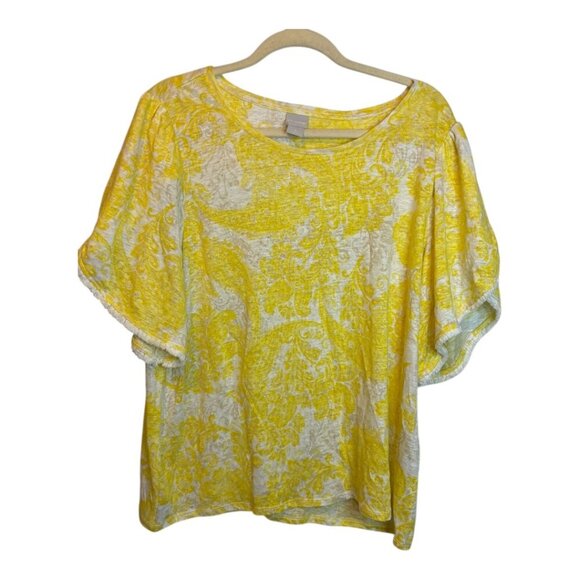 Chico's Blouse Women's Size XL Linen Fringe Yellow White Chicos 3 - Picture 1 of 4